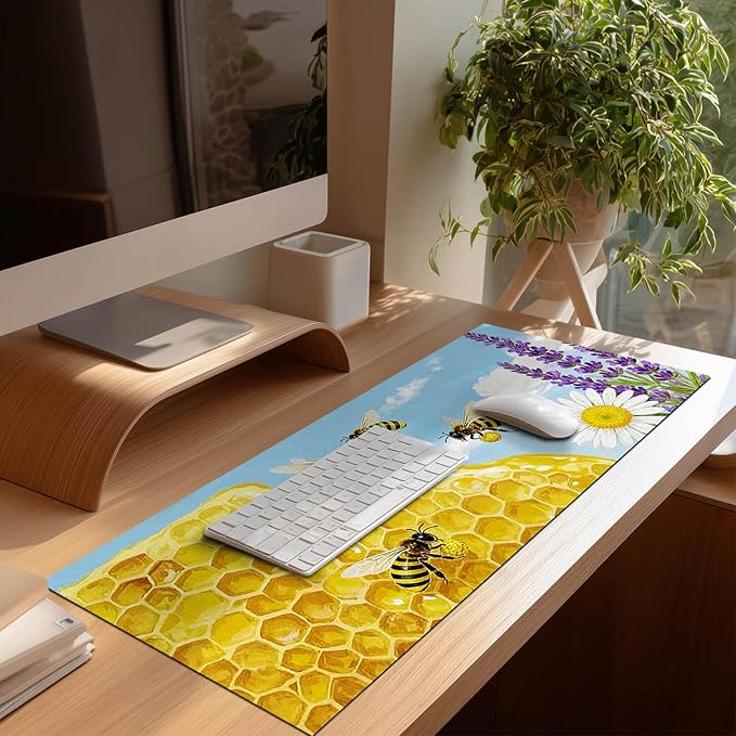 Bees XL Mouse Pad 31.5 x 11.8 Inch Gaming Mousepad Diatomite Large Keyboard Mouse Pad for Home and Office Desk Accessories with Bright Honeycomb Scene Bees Artwork Smooth Control Surface