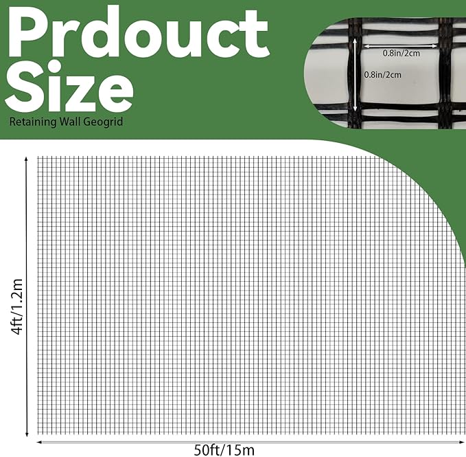 4ft x 50ft Fiberglass Geogrid for Retaining Walls, Bi-Directional 50kN Tensile Strength Geo Grid, 0.8" Mesh Soil Stabilization Fabric for Retaining Walls Up to 6 ft, Driveways & Ground Reinforcement