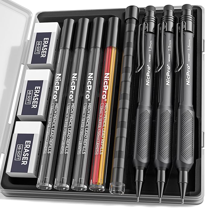 Nicpro 3 Pack Weatherproof Mechanical Pencil Set, 1.3mm Mechanical Pencils, Heavy Duty Lead Pencil for Outdoor All Weather Marking Drafting Drawing with 48 Lead Refills, Erasers, Case (Black, HD1000)