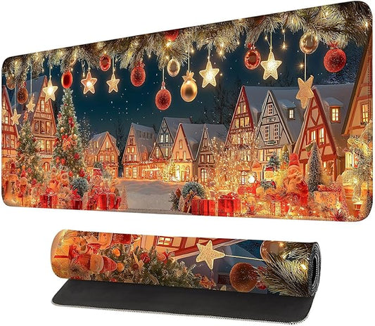Desk Mat, XXL Extended Gaming Pad for Desktop, 35x16 Inches Village with Tree and Lights, Large Non-Slip Vegan Leather Keyboard Mouse Mat for Home Office