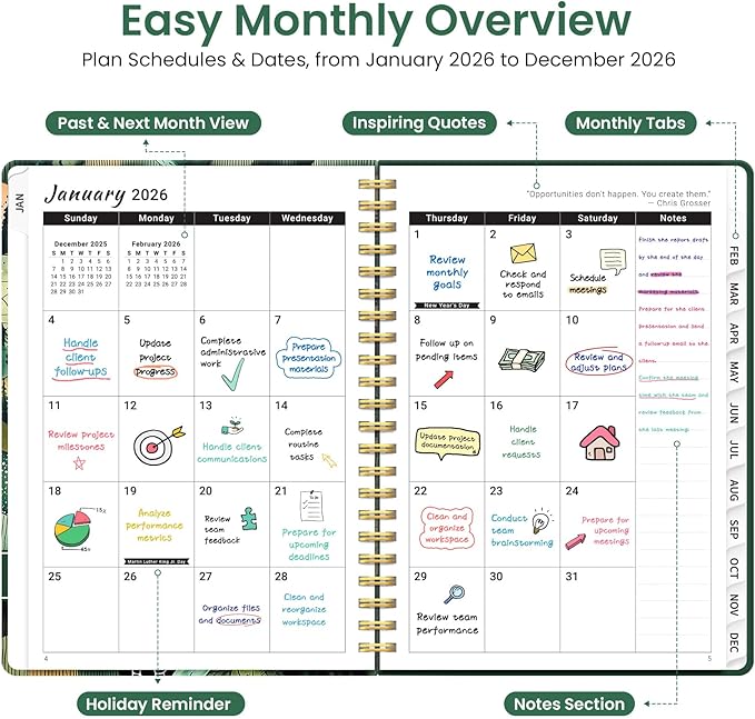 2026 Planner, Weekly and Monthly Planner for Women, January 2026 to December 2026, Pretty Hardcover 2026 Calendar Planner Book with Tabs, Inner Pocket, Spiral Bound, Perfect Office Home School Supplies - 6.3" x 8.5", River Valley