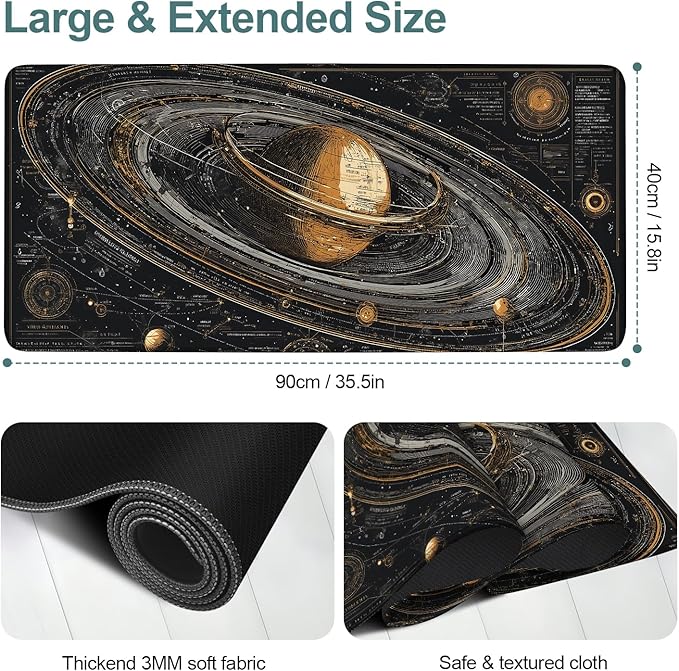 Saturn Planet Extended Gaming Mouse Pad 35.4 x 15.7 Inch – Space-Themed Desk Mat for Gaming, Office Work, and Study, with Non-Slip Rubber Base