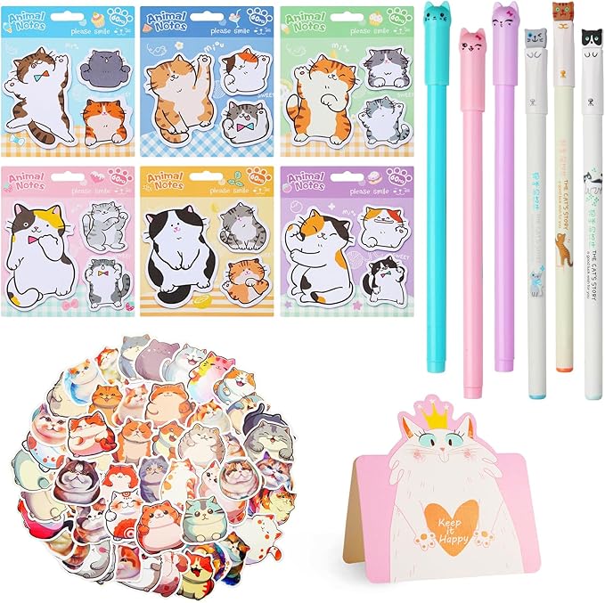 Cat Office School Supplies,Cute Sticky Notes Gel Ink Pens Stickers Greeting Card for Cat Lovers Stationery Supplies (63)