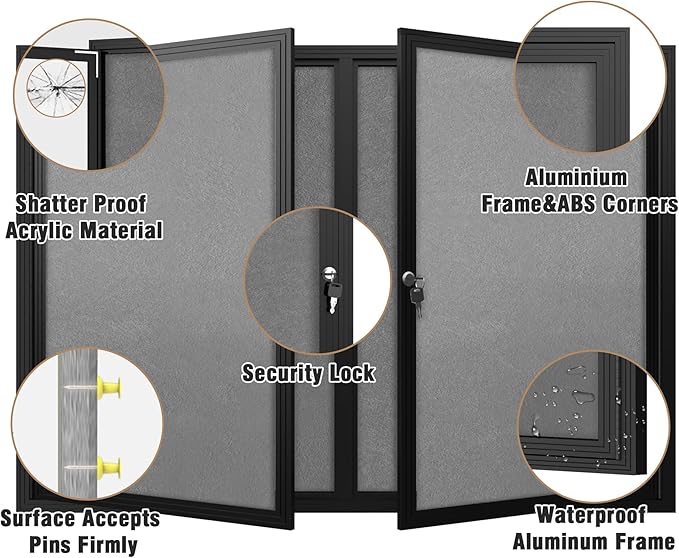 Mifuro 48"x34" Enclosed Bulletin Board, Outdoor Lockable Weather-Resistant Aluminum Cork Noticeboard for School & Office, Black Frame w/Grey Flet