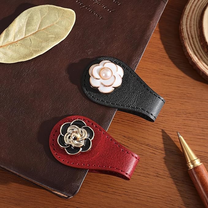 2PCS Magnetic Bookmarks with Pen Clip, Leather Bookmarks for Women, Magnetic Pen Holder Book Accessories, Gold Camellia