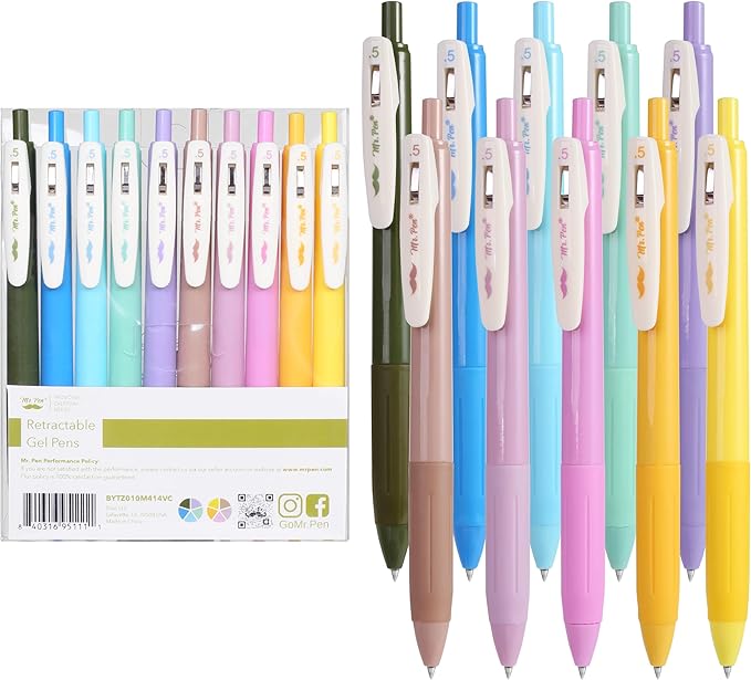Mr. Pen- Retractable Gel Pens, 10 Pack, Light Vintage Ink Colors, Fine Point, Fast Dry, Ideal for Journaling, Note Taking, Drawing, Sketching