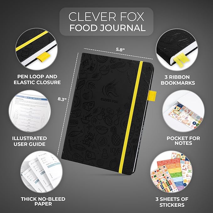 Clever Fox Food Journal - Daily Food Diary, Meal Planner to Track Calories & Nutrients, Weight Tracker Notebook, A5 (Black)