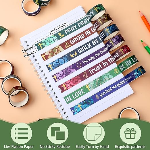 Janlaugh 24 Rolls Christian Washi Tape Gifts Bulk Bible Verse Religious Inspirational Scripture Supplies Cross Washi Tape for Bible Journaling Study Crafting DIY Gifts