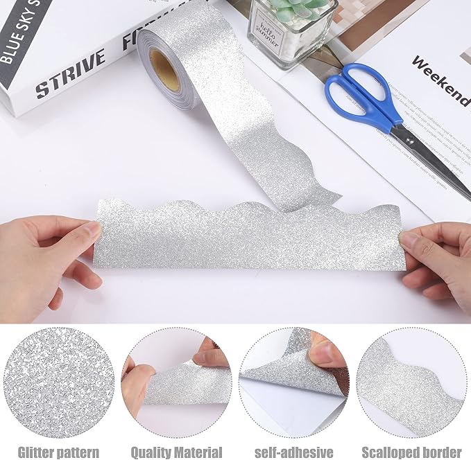 131Ft Silver Glitter Bulletin Board Borders Silver Scalloped Bulletin Board Trims Shiny Decorative Border Trims Sparkle Self-Adhesive Border Stickers for Classroom School Home Office Blackboard Desk