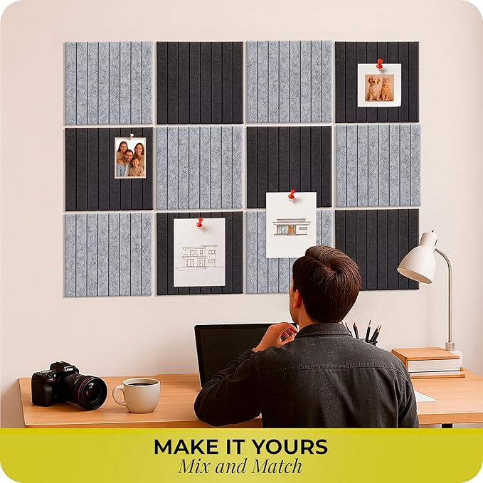Felt Bulletin Board Tiles – 12x12 Inch Cork Wall Panels, Pack of 12, Covers 36x48 Inches, 50 Adhesive Tabs and Bubble Level, Polyester Material – Silver Gray