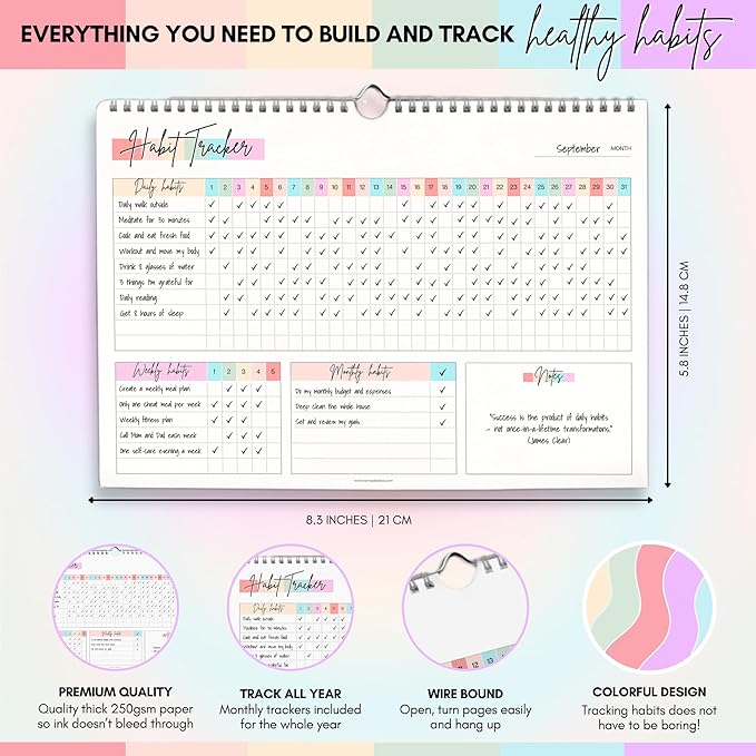 Habit Tracker Calendar – Daily, Weekly & Monthly Habit & Goal Tracker, Wire-Bound Planner with Colorful Design, Premium 250gsm Paper | A5 (Rainbow)