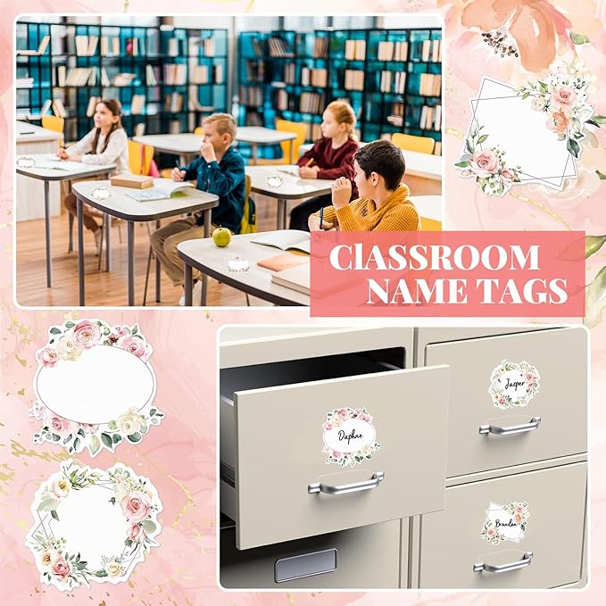 Sabary 90 Pcs Cutout Name Tags Water Bottle Labels Daycare Labels Self Adhesive Name Stickers Gift Tags for Classroom Home Desk Bulletin Board Decoration Party Favor 10 Sheets (Floral)