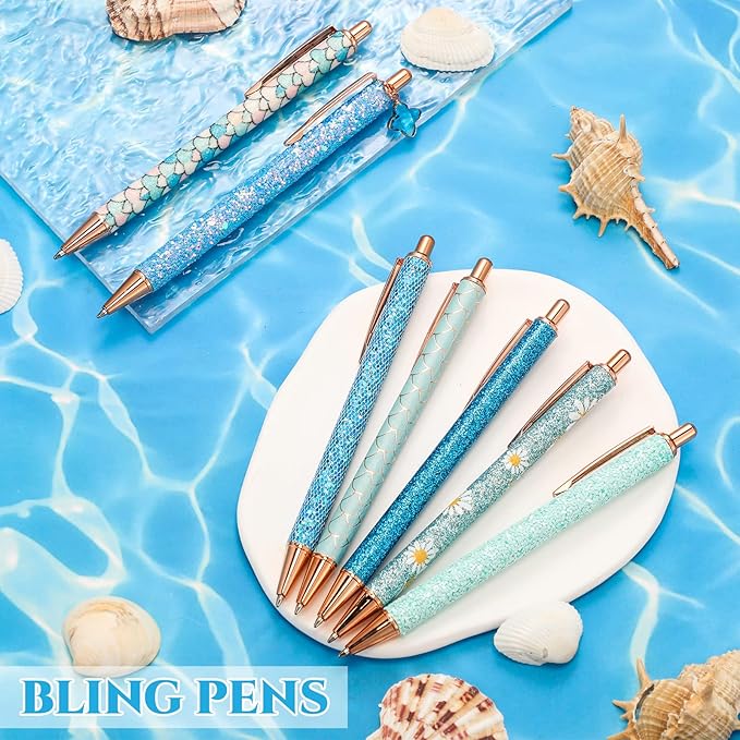 Sherr 7 Pcs Fancy Pens for Women Cute Sparkly Glitter Pens with 10 Pcs Black Ink Refills Pretty Gifts for Girls Office School Christmas Graduation(Plain)
