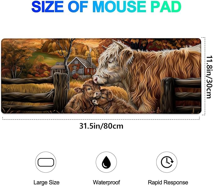 Highland Cow Family Gaming Mouse Pad, Extended Farmhouse Design Desk Mat Computer Laptop Mousepad, Robust Stitched Edges, 31.5"×11.8" Large Office Keyboard Mouse Pads for Home Desktop Decor
