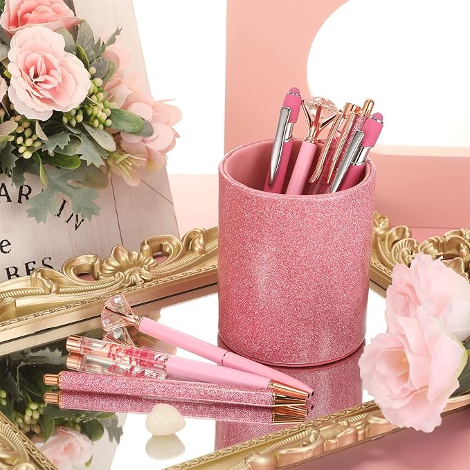 Sabary 8 Pcs Pink Pens with Pen Holder for Desk Glitter Crystal Diamond Cute Ballpoint Fancy Pencil Holder Bling Desk Organizer for Women Girls Gifts School Office Valentine Supplies