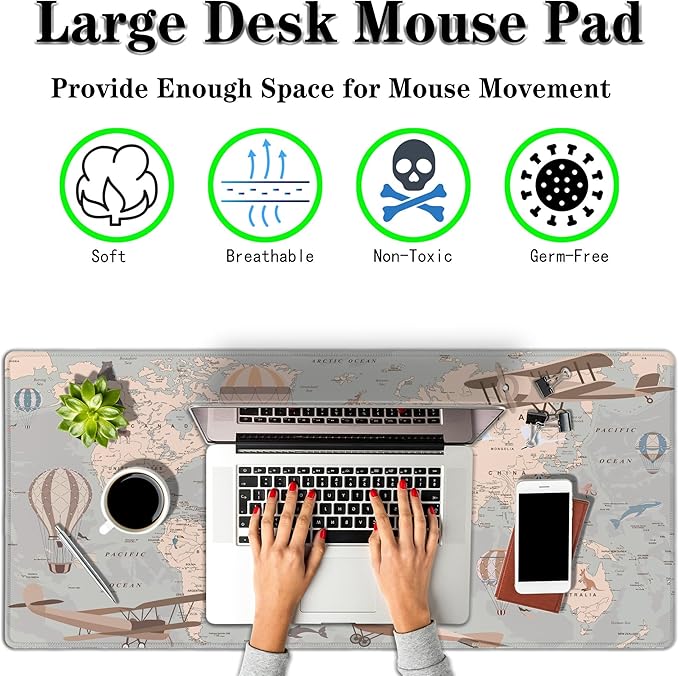 Gaming Mouse Pad Retro World Map, Large Desk Pads Computer Desk Mat, Non-Slip Rubber Base, 35.4 x 15.7 Inch for Work/Game/Office/Home