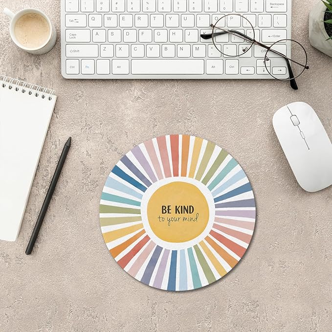 Boho Colorful Rainbow Sun Mouse Pad,Be Kind To Your Mind Cute Rainbow Sunshine Mouse Pads Mousepad for Desk Home Office Dorm Computers Laptop, Boho Office Supplies Desk Accessories, 7.9x7.9 Inch
