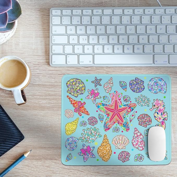 Wildflower Seashell Clam Summer Mouse Pad,Blue Coastal Beach Mouse Pad,Ocean Seahorse Starfish Desk Mat,Girly Summer Desk Pads for Dorm Home Office Desktop Decor,11.8x9.8 Inch