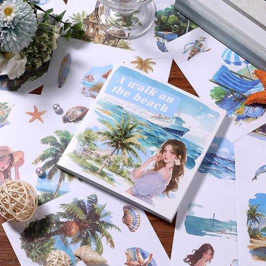 50 Sheets Beach Stickers for Scrapbooking 200 Pre-Cut Washi Sticker Girl Landscape Stickers for journaling Scrapbooking Supplies Collage Decorative DIY Arts Craft Making