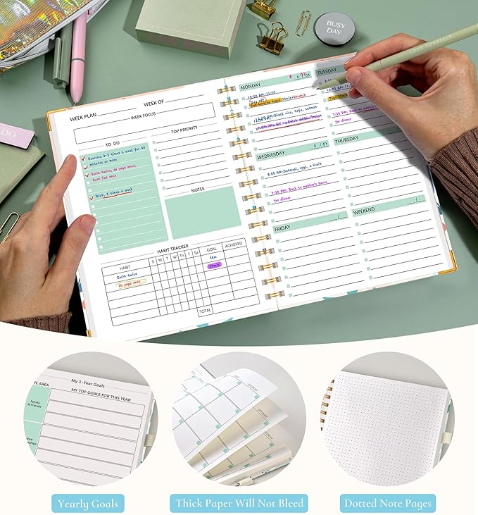 Undated Weekly Planner, Hardcover Weekly & Monthly Calendar Blank Planner, To Do List Notebook with Goal & Habit Tracker Organizer, A5 Daily Planner with Spiral Binding, Ideal for Work School Home, Abstract Floral
