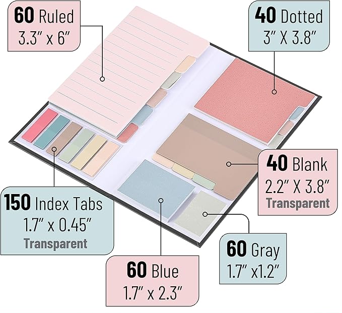 Mr. Pen Sticky Note Set - 410 Pack with Vintage Colors, Transparent and Divider Tabs for Planners