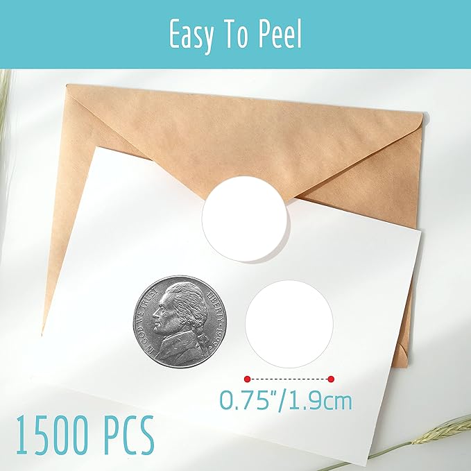 1500 PCS Round Color Coding Labels, White Circle Dot Stickers Self-Adhesive Removable Stickers for Inventory Organize, File Classification with Perforation Line in Roll (3/4" in Diameter)