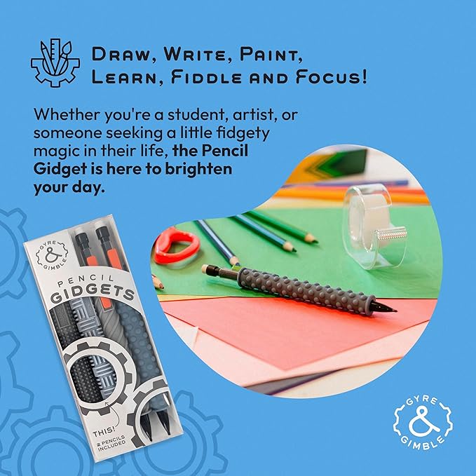 Gyre & Gimble Pencil Gidgets – Textured Silicone Pencil Sleeve for Quiet Fidgeting – Transform Your Mechanical Pencil into a Sensory ADHD Tool for Kids and Adults – 4 Sleeves & 2 Pencils - Gray