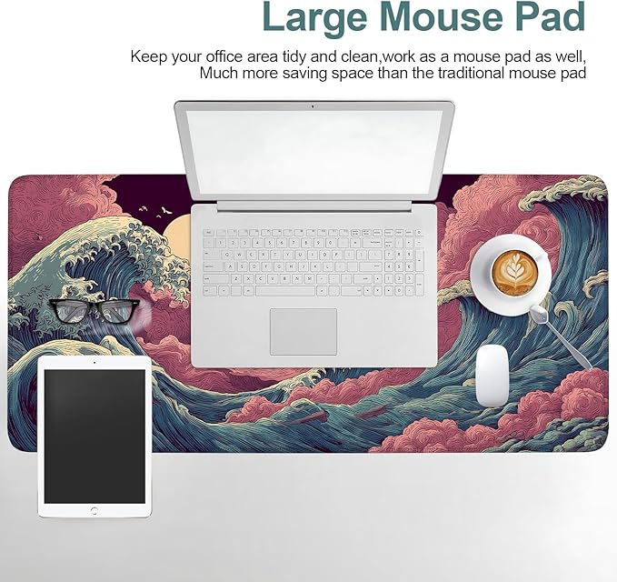 Japanese Great Wave XXL Extended Gaming Mouse Pad 35.4 x 15.7 Inch – Large Non-Slip Desk Mat with Smooth Cloth Surface, Stitched Edges, Ocean Wave Design for Gaming and Office