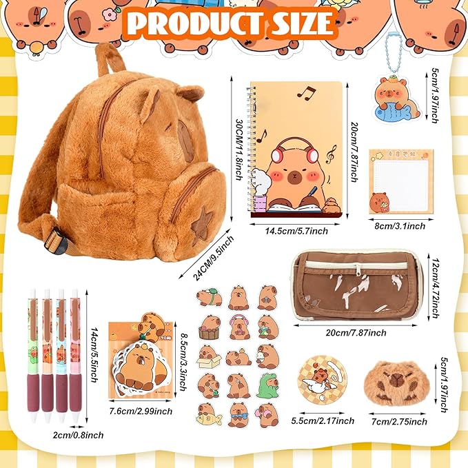 50 Pcs Capybara Gifts with Capybara Backpack and Stationery Set Valentine's Day Gifts Sticky Notes Ballpoint Pens Spiral Notebooks Brooch Pendant for Rewards Birthdays Gift