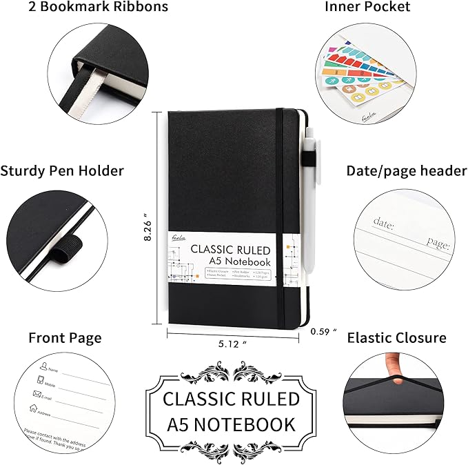 feela 18 Pack Journal Notebook for Work, Business Notebook Bulk Hardcover Lined Writing Journal with Pen Holder for Men Women Note Taking, with 18 Black Pens, 120 GSM, 5.1”x8.3”, A5, Black