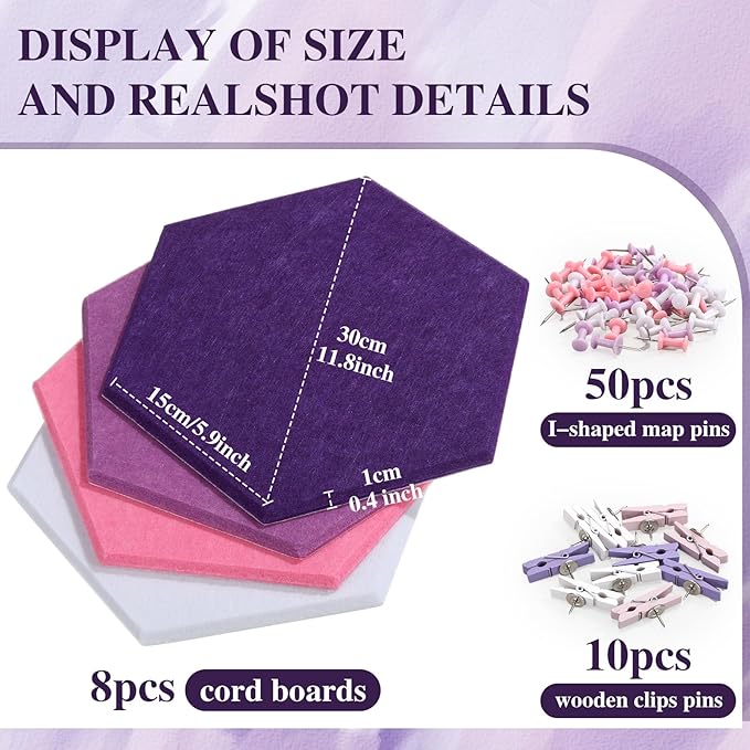 8 Pcs 12" Large Hexagon Felt Cork Board Tiles Self Adhesive DIY Bulletin Board Pin for Office Home Wall Decor Stickers Memos Photos Display with 10 Multi-Color Clip Drawing Pins(Pink)