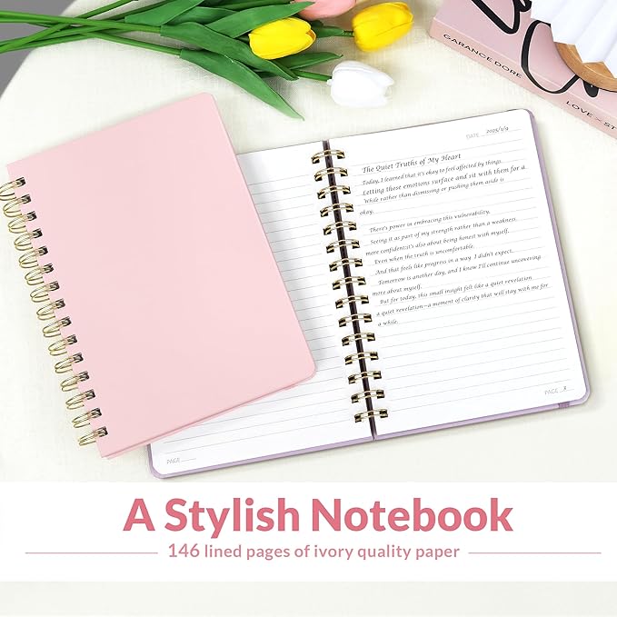 SUNEE Journaling Notebooks, A5 Lined Spiral Notebook for Women, 146 Pages College Ruled Hardcover Notebook for Work, Note Taking, Journaling and Office School Supplies, A5 - Pink