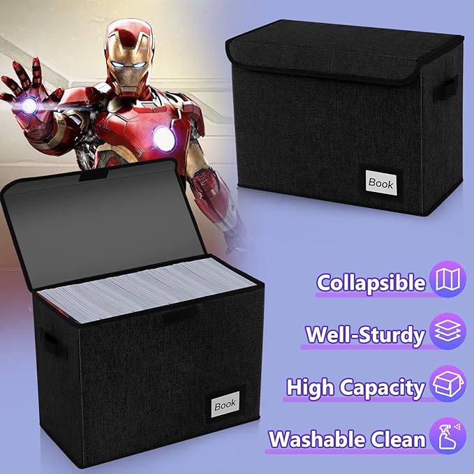 2 Pack Comic Book Storage Box, Comic Protector Organizer, 15.8" X 7.8" X 11.8", Collapsible Comic Short Box, Holds 160-180 Comic Book Heavy Duty Container Holder Shelf Bin (Black)