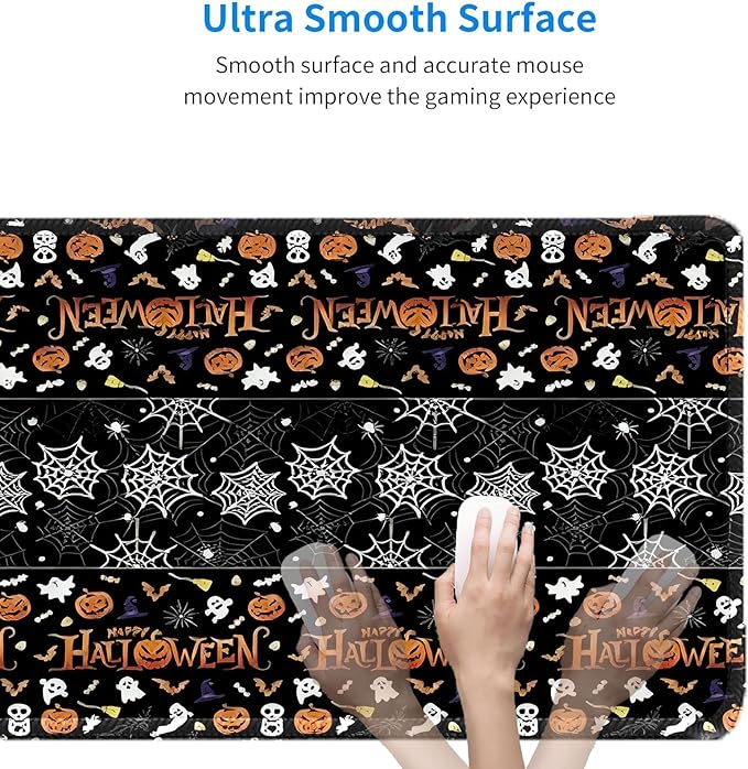 Halloween Themed Mouse Pad, Skeleton Ghost Pumpkin Head Pattern Large Gaming Desk Mat with Sewn Edges, Micro-Woven Fabric for Office and Home, 31.5x11.8in