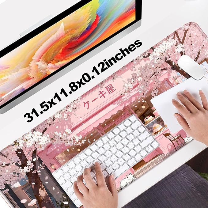 Japanese Anime Pink Cherry Blossom Cake Shop XL Large Desk Mat, Extended Long Cat Desk Pad for Gaming and Office, Non-Slip Rubber Base, Comfortable Surface Mouse Pad, 31.5x11.8 in (H15)