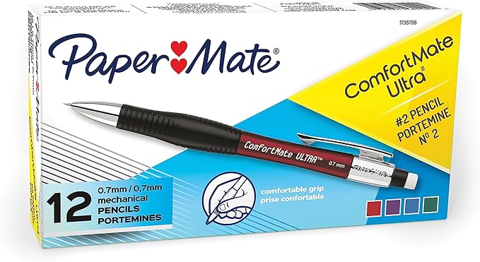 Paper Mate Comfort Mate Ultra Mechanical Pencils, 0.7mm, HB #2, Assorted Colors, 12 Count - School Supplies, Note-Taking, Comfortable Grip