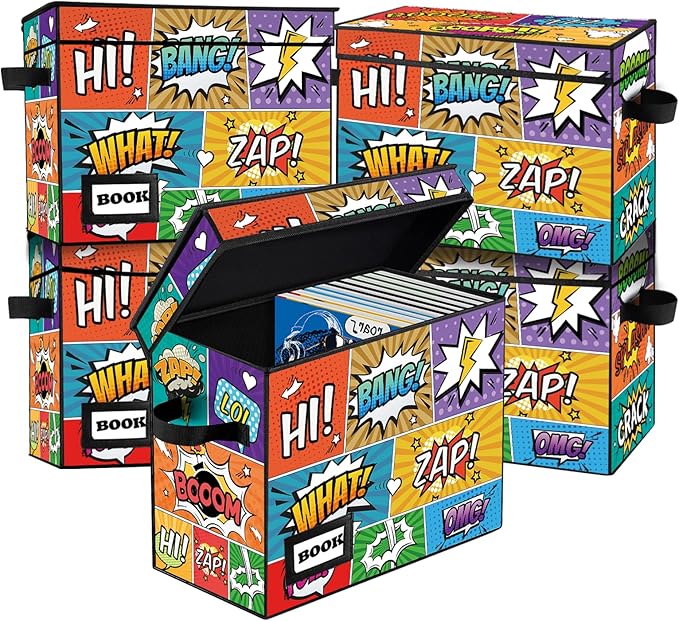 5 Pack Comic Book Storage Box, 15.8" X 7.8" X 11.8", Collapsible Holds 160-180 Comic Book Short Box Bin Container Holder Shelf(Cartoon Colorful)