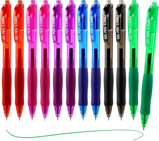 USUAL Gel Pens 0.5 mm,12 Pack Retractable 6 Color Ink Pen Fine Point Rollerball Pens,Quick Dry Smooth Writing,No Bleed for Journaling Note Taking, Home School Office Supplies