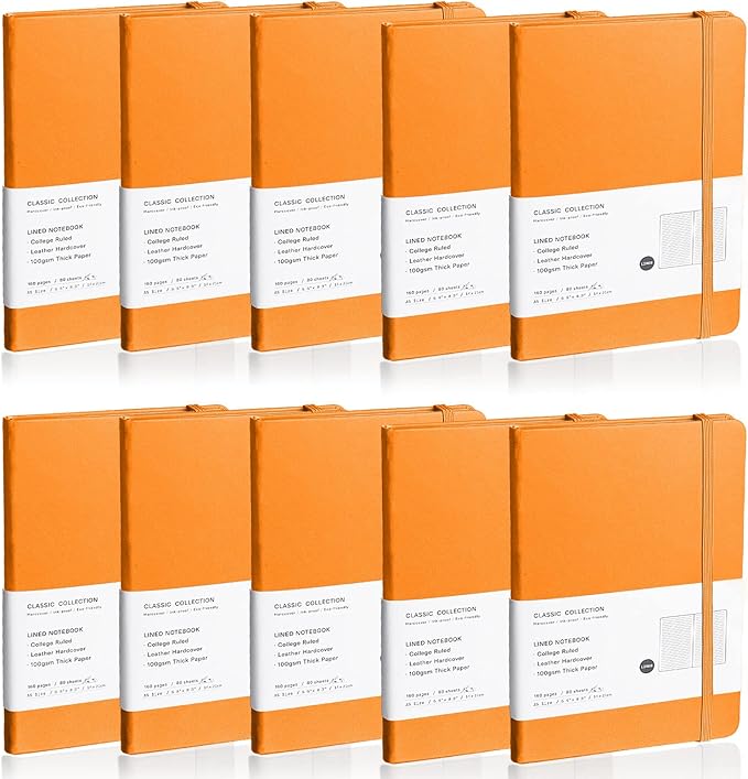 Lined Journal Notebook, 10Pack Hardcover Notebook for Men & Women – Journals for Writing, Work, School, Home & Daily Notes, 160 Pages – Medium A5, 5.7"x8", 100 gsm Thick Paper (Orange)