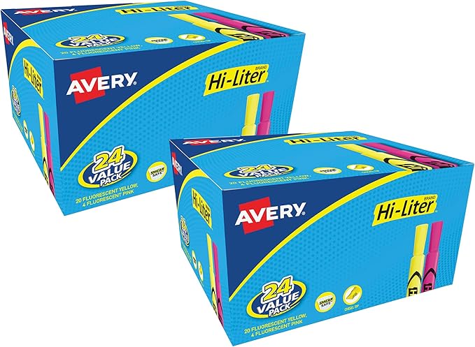 Avery Hi-Liter, Desk Style, Chisel Tip, 24 Pink and Yellow Highlighters, 2-Pack, 48 Total (31448)