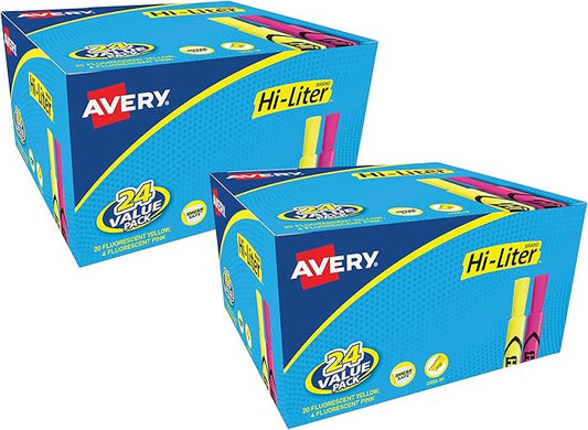 Avery Hi-Liter, Desk Style, Chisel Tip, 24 Pink and Yellow Highlighters, 2-Pack, 48 Total (31448)