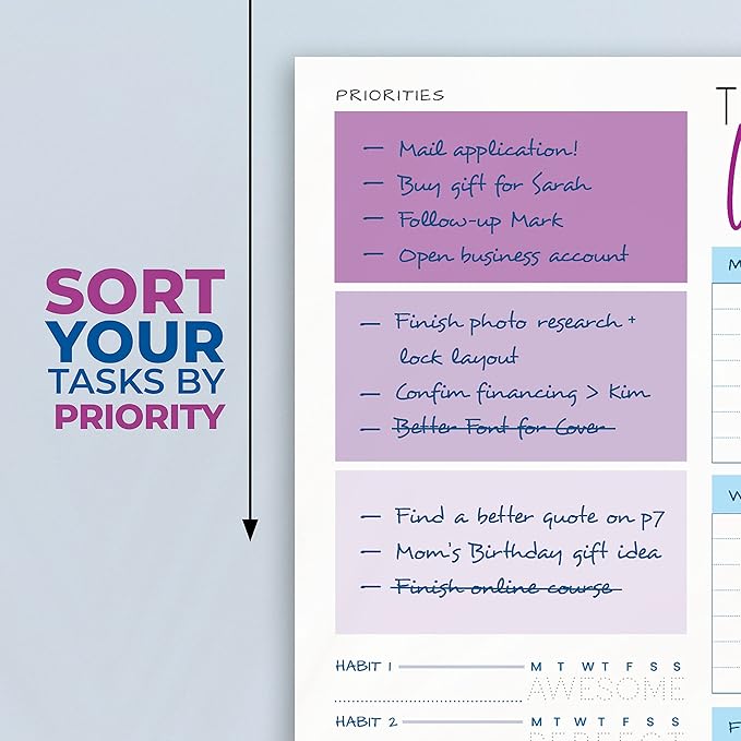 Weekly Planner Pad - Undated Planner - To Do List Notepad - Habit Tracker - 11 x 8.5" - 52 Tear-Off Sheets - Daily Planner Undated for Home Work Office Business - Goal Planner - Cute Planner (Purple)