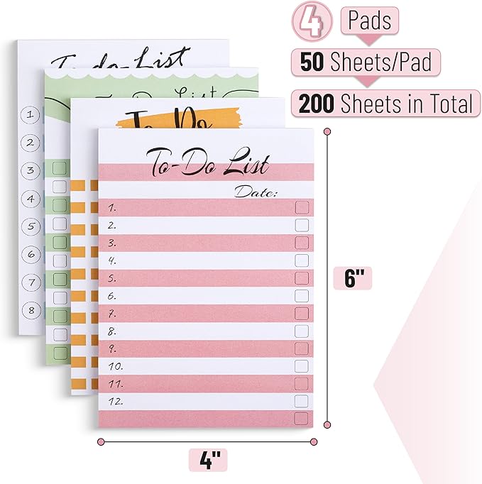 Mr. Pen- to Do List Sticky Notes, 4” x 6”, 4 Pads, 200 Sheets, Self Adhesive Memo Sticky Notes Notepad, Daily to Do Note Pad for Home, Office, School, Planner, Reminder, Supplies