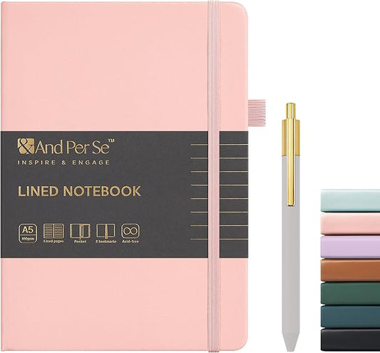 &And Per Se Lined Journal and Pen Set, A5 Leather Hardcover Notebook with Pen & Stationary Set, 160 Pages Journal for Business Work Writing, Valentine's Day Gift Set for her (Pink)