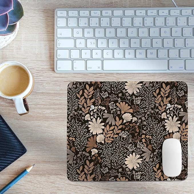 Brown Fall Floral Mouse Pad,Vintage Fall Desk Mat,Girly Black Boho Floral Mouse Pad for Dorm Home Office Desktop Decor,11.8x9.8Inch