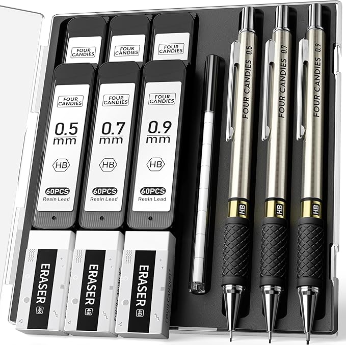 Metal Mechanical Pencil Set - 3PCS 0.5 & 0.7 & 0.9 mm Art Pencils & 360PCS HB Lead Refills & 3PCS Erasers & 9PCS Eraser Refills, for Drawing, Writing, Sketching, Drafting - With Case
