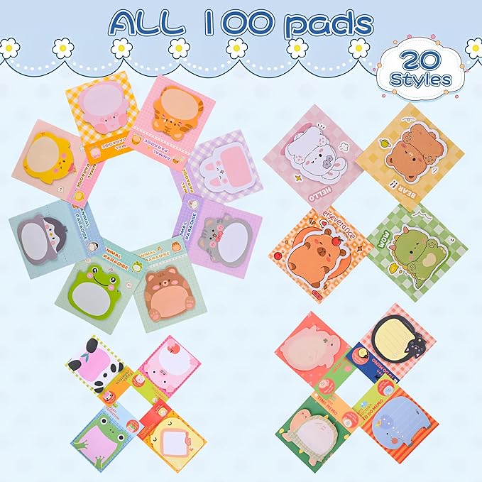 100Pcs Cute Cartoon Animal Sticky Notes Party Favors Kawaii Mini Sticky Notes for Teacher Appreciation Gift Classrooms Rewards Memo Pads Notes Page School Tab for School Office Supplies