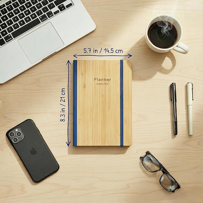 Bamboo Cover Undated Portable Planner Notebook – Daily, Weekly & Monthly Organizer, Lay-Flat A5 (5.7” × 8.3”), 100 GSM Paper, 160 Pages, 4-Month Layout (Blue)