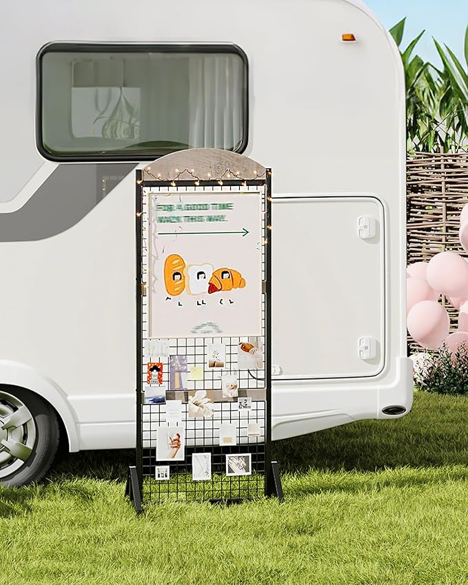 Grid Wall Panel 5.7’ x 2’ FT Grid Display Rack, Movable Gridwall Display Stand with Wheels, Floorstanding Wire Grid Rack with 4 S-Shaped Hooks and 4 Garment Hooks, Greige and Black TCJ17BG
