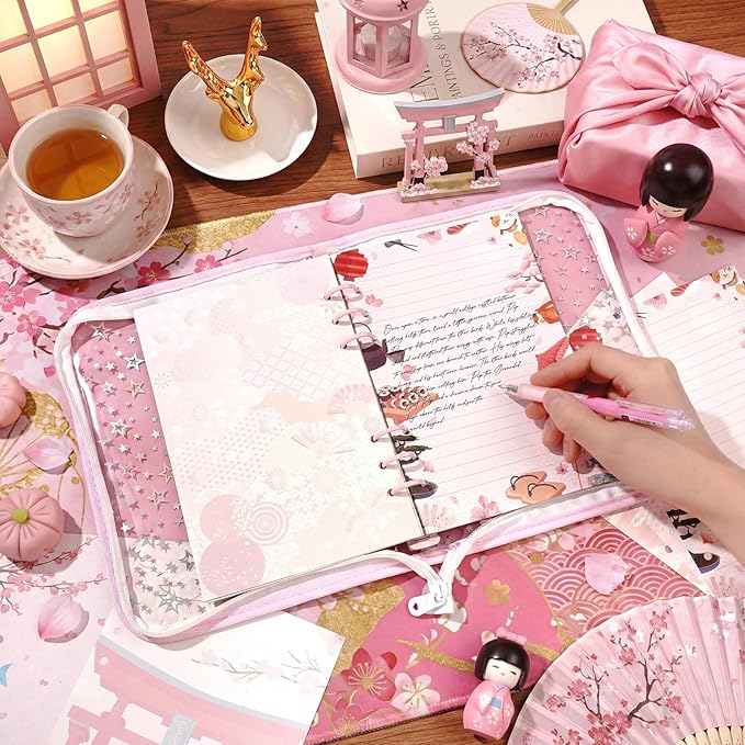 100 Sheets Japanese A5 Planner Inserts - 120GSM Thick Cherry Blossom Refill Paper for A5 6-Ring Binder, Sushi Cranes Fans Temples 6 Hole Loose Leaf Sheets for Journal Diary Notebook Budget Planning